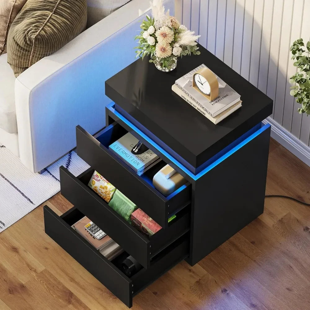 LED, Set of 2,Nightstand with Charging Station and Sliding Top