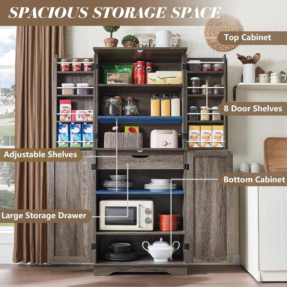 72" Farmhouse Kitchen Pantry Cabinet with Door Organizer & Adjustable Shelves
