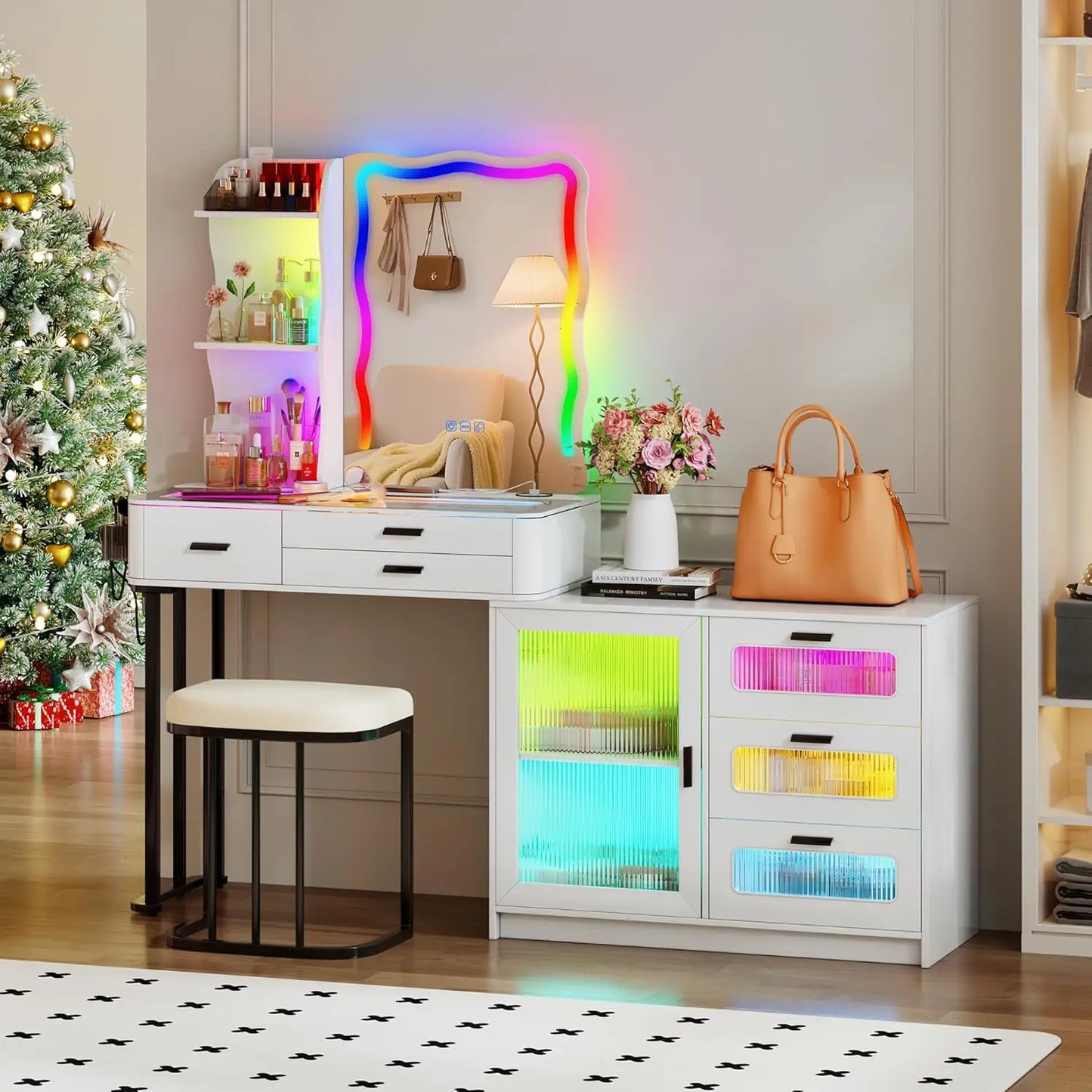 60.9" W Large Vanity/Desk with Mirror and RGB Lights, Glass Top, Charging Station