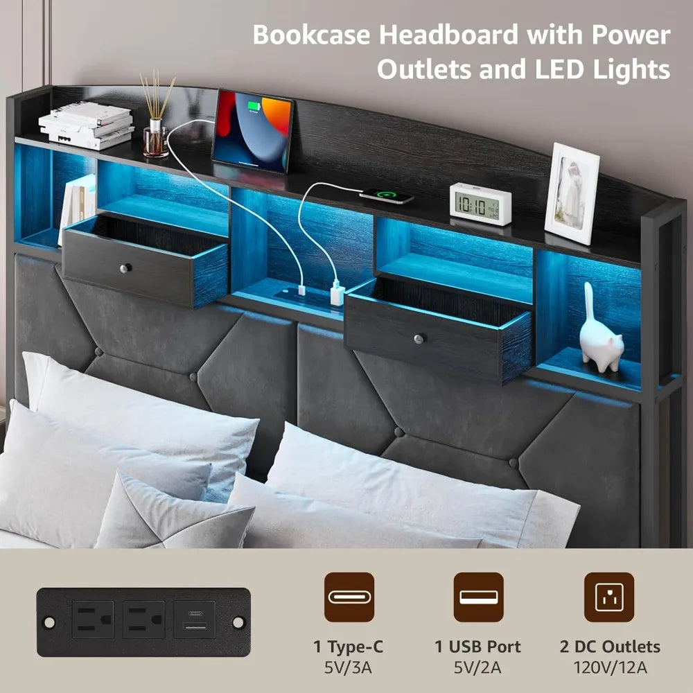 Full Size Bed Frame with 4 Storage, Velvet Upholstered with Button Tufted Headboard Led Lights