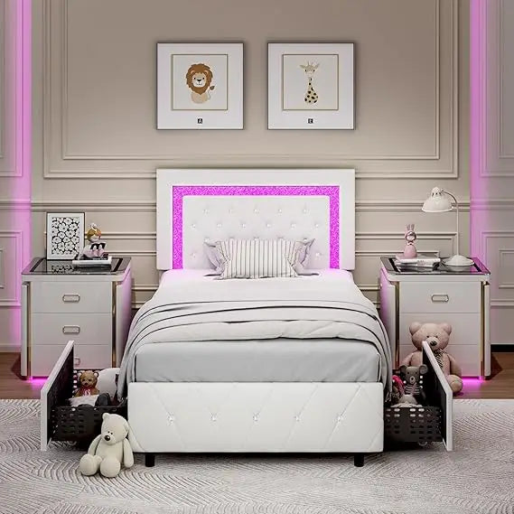 Faux Leather Upholstered Bed Frame with Diamond Headboard, LED Lights and Storage Drawers,
