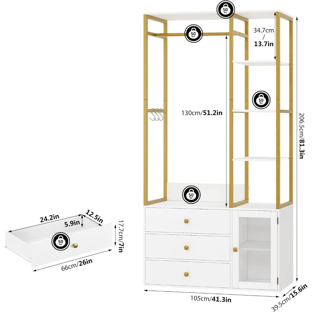 2 pcs Closet Organizer System, Wardrobe Closet with 3 Wooden Drawers, Clothes Rack with Hanging Rods and 4 Tiers Shelves