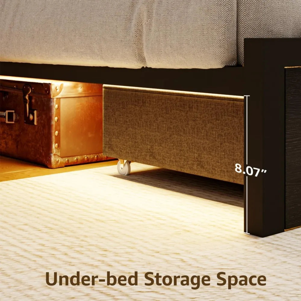 Full Size Bed Frame with 4 Storage, Velvet Upholstered with Button Tufted Headboard Led Lights