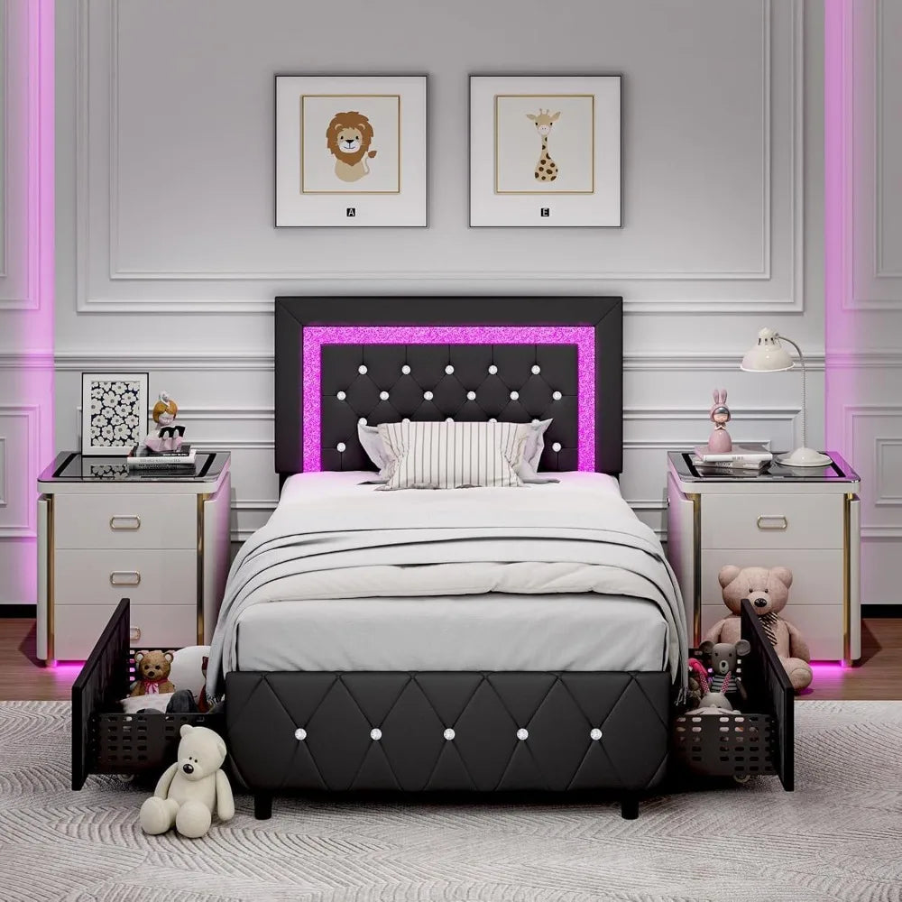 Faux Leather Upholstered Bed Frame with Diamond Headboard, LED Lights and Storage Drawers,