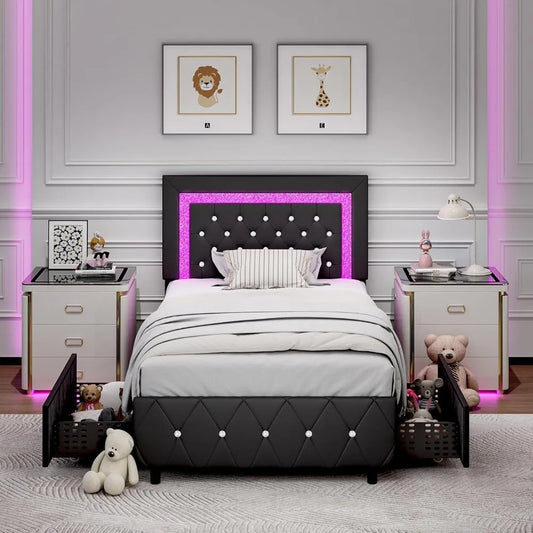 Faux Leather Upholstered Bed Frame with Diamond Headboard, LED Lights and Storage Drawers,