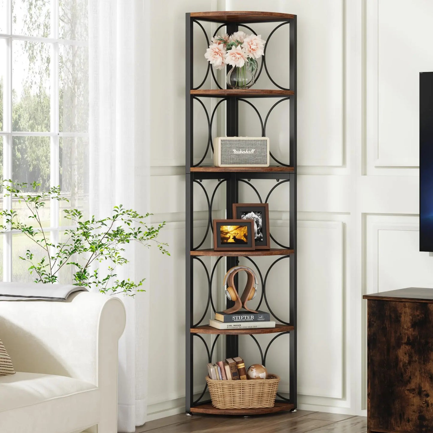 67 inch Tall 6 Tier Rustic Corner Shelving Unit