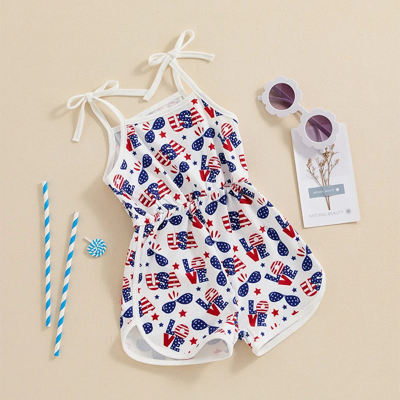 18MO-5T Girls Jumpsuit Tie-up Spaghetti Straps Stars Print Romper 4th of July