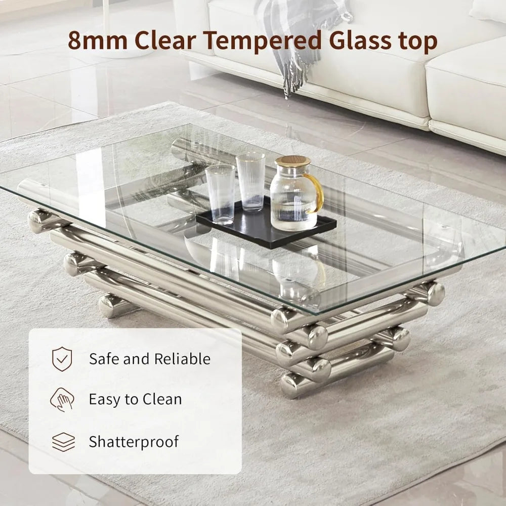 55" Rectangular Tempered Glass Top with Stainless Steel Legs