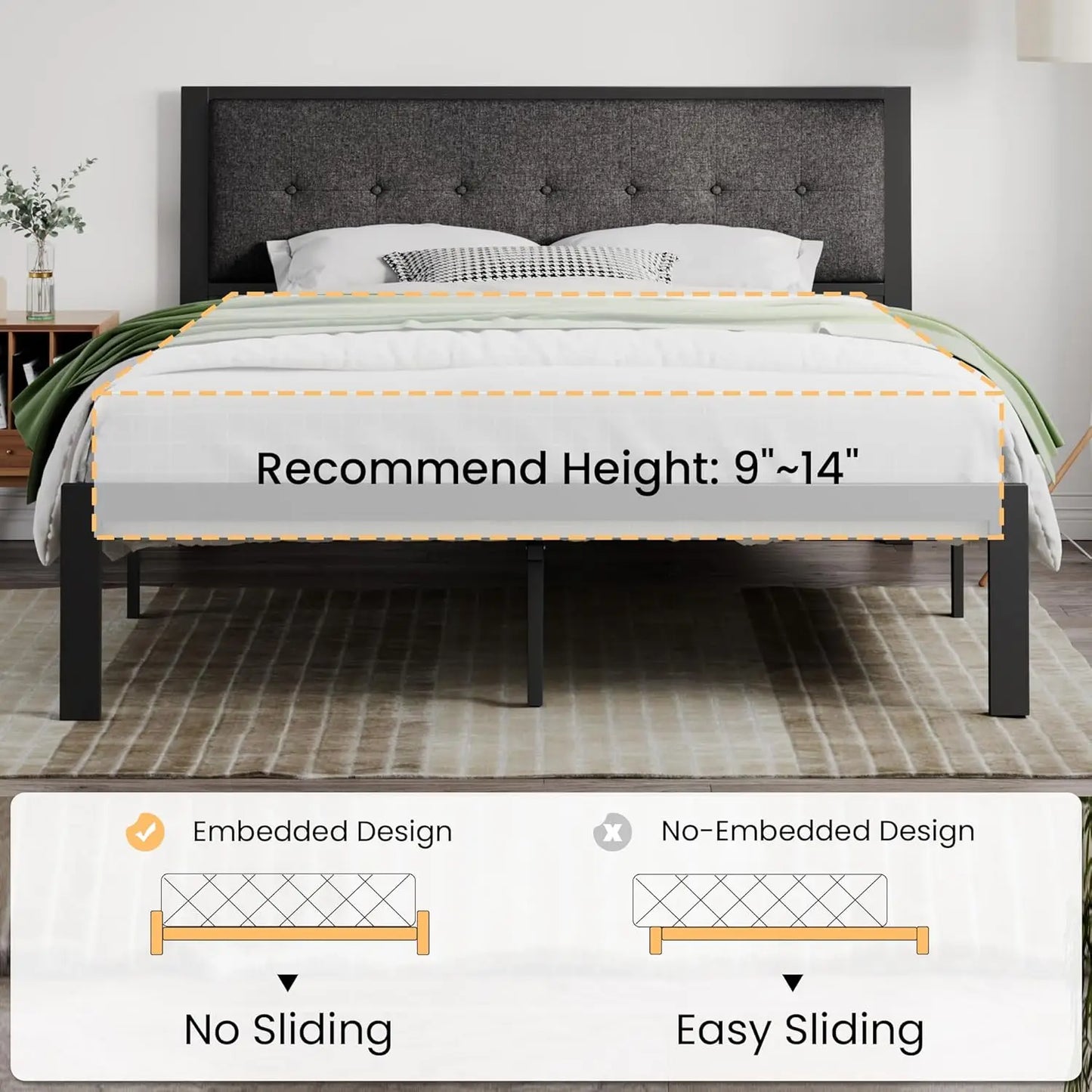 King Size Platform Bed Frame with Upholstered Headboard, Metal Slats Support, Noise Free
