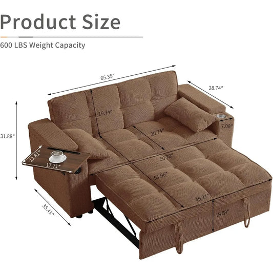 65'' 3-in-1 Queen Size Pullout Sofa, Modern Chenille Fabric, 360° Swivel Side Table