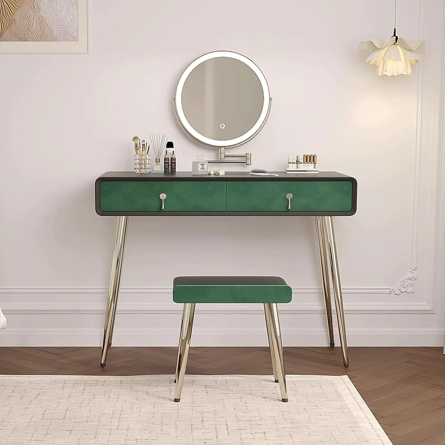 Vanity Desk Set with 360° Rotating Mirror and Lights, with Microfiber Leather, with 2 Drawers,