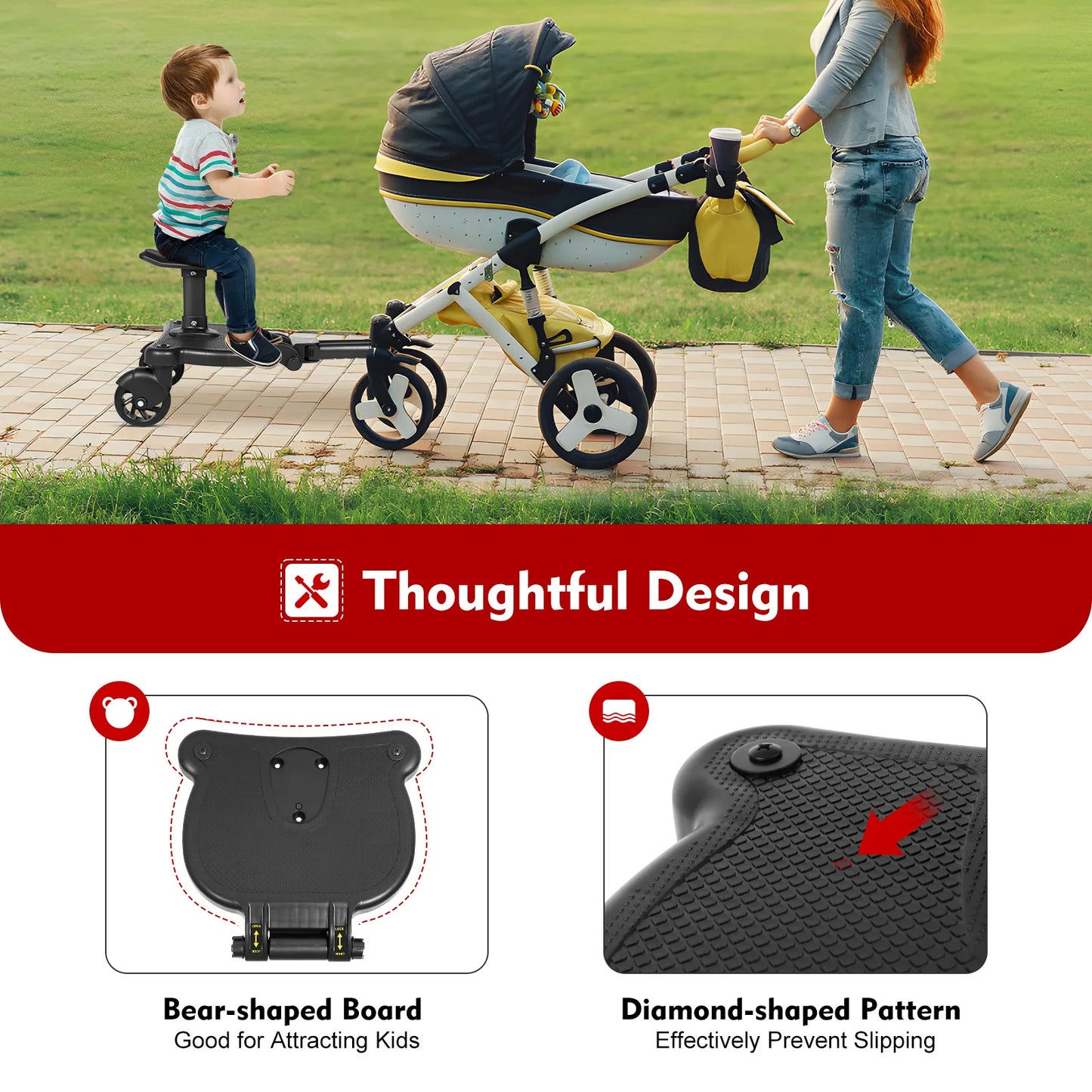 2in1 Stroller Ride Board Buggy, Wheeled Board, Seat Pedal with Detachable Seat Board