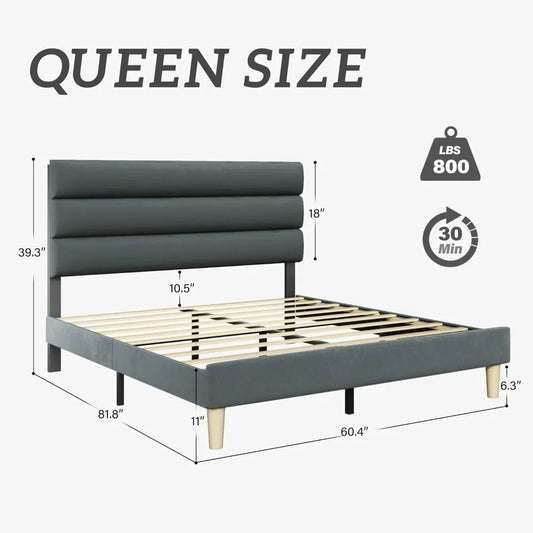 Platform Bed Frame with Velvet Upholstered Headboard, No Box Spring Needed, Sturdy Metal Support, Noise Free