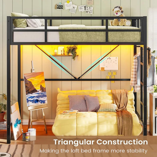 Twin Loft Bed with LED Lights, with Full-Length Guardrail, Clothes Rack