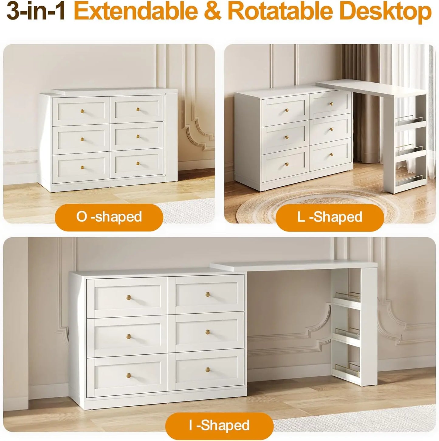 76" L Extendable Big Makeup Vainty with 6 Drawer Dresser and 3 Side Shelves
