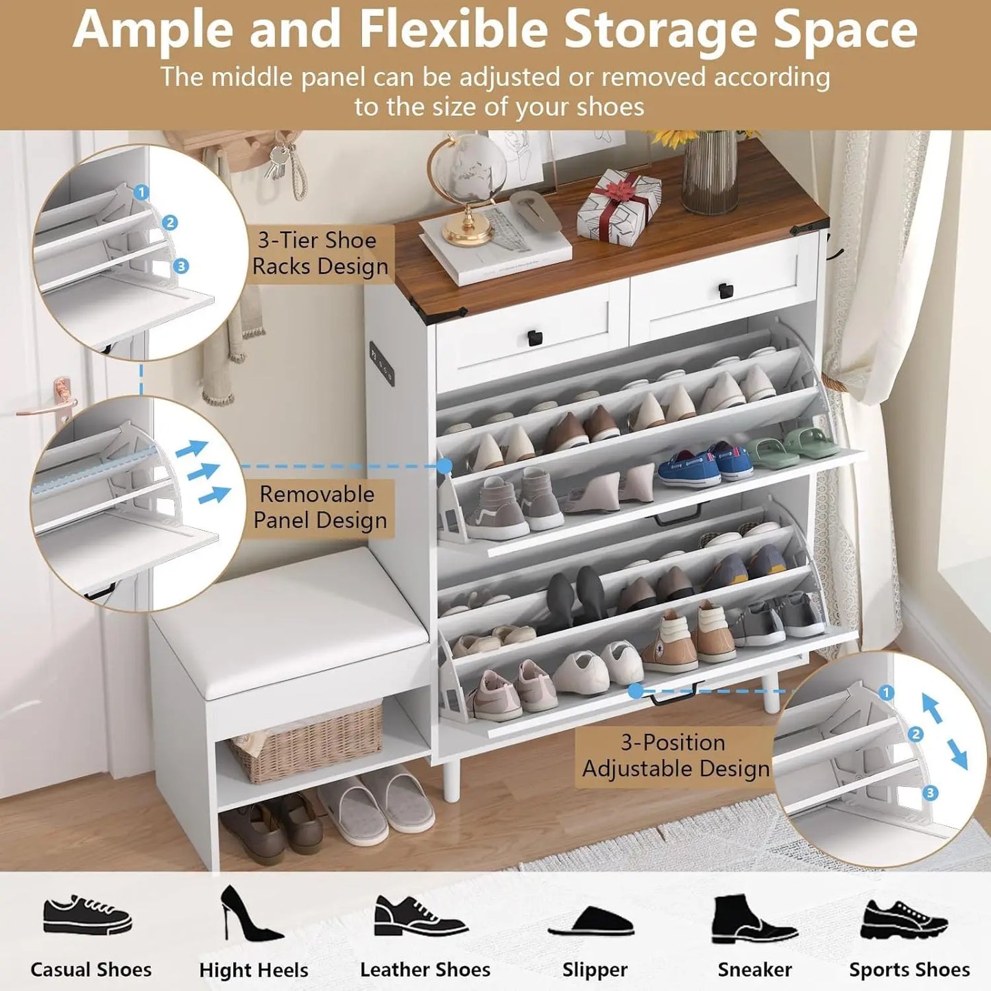 Shoe Storage Cabinet with Bench and Deodorizing Function with 2 Flip Drawers