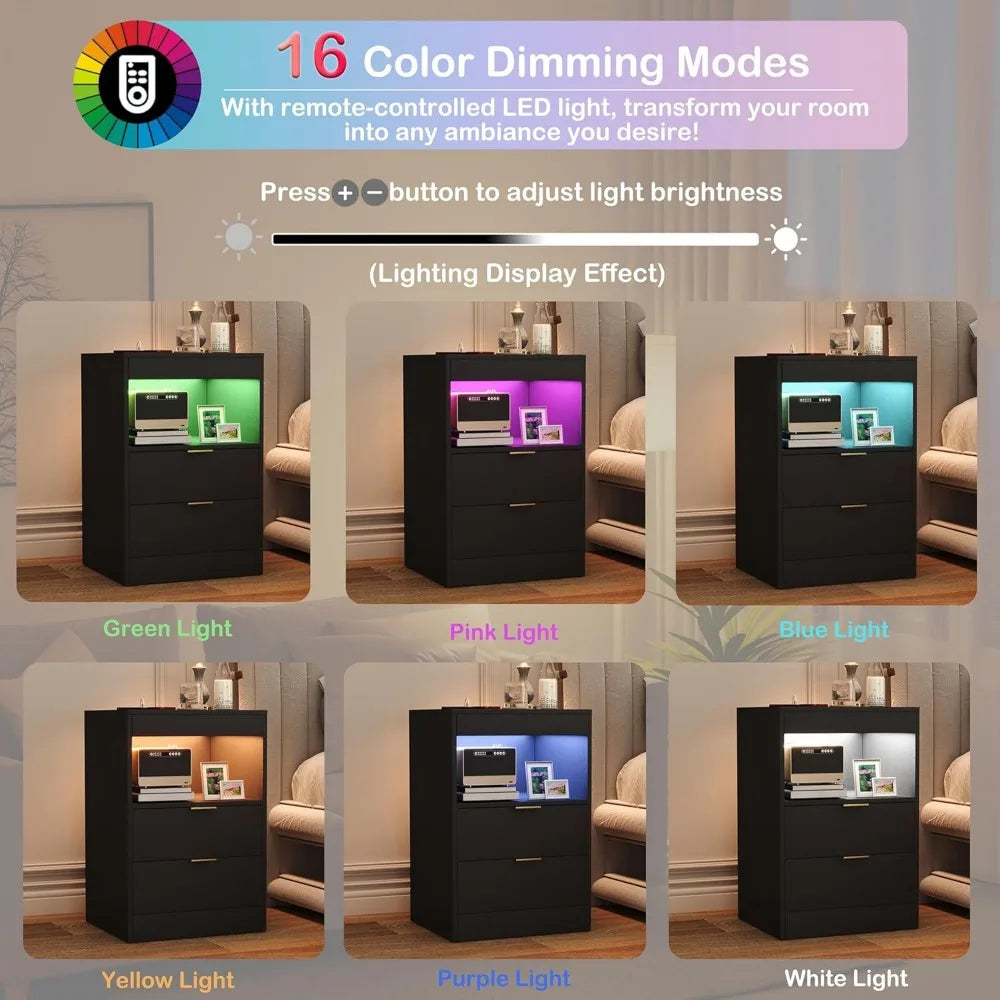 LED Side stand with Charging Station, with 2 Pull-out drawers and Pull-out Shelf