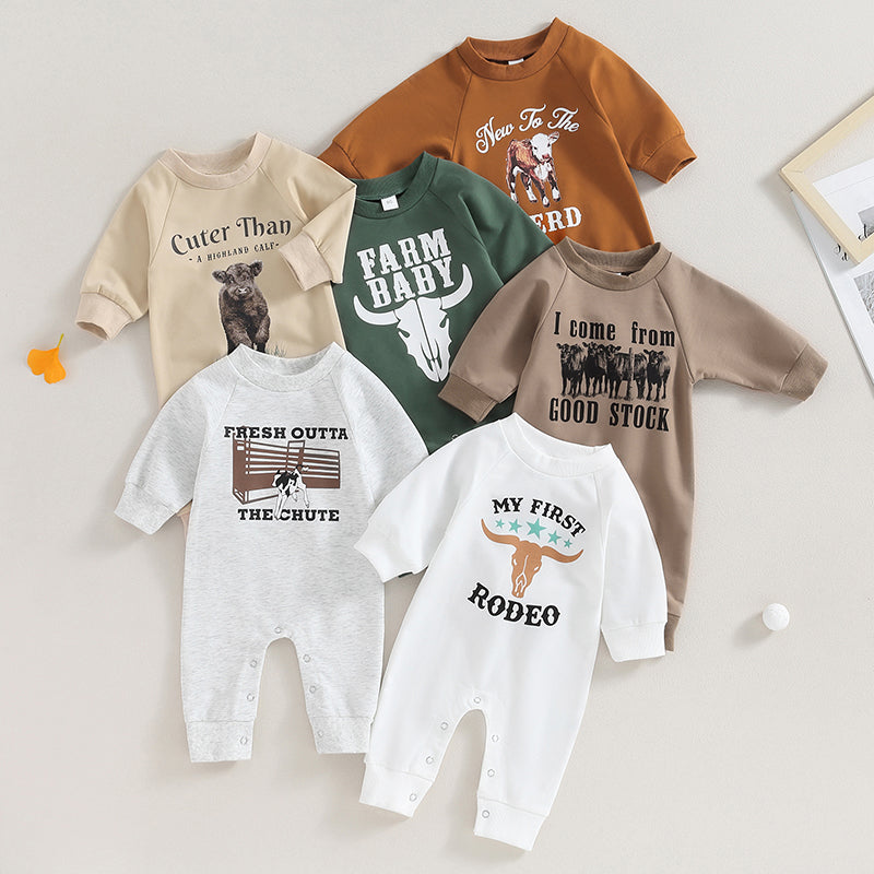 0-12M Newborn Baby Boy Sweatshirt Rompers-Bull Head Letter Print, Long Sleeve Jumpsuit