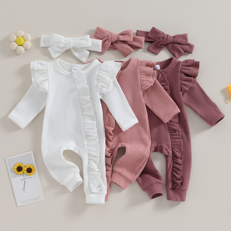 0-12M Baby Girl Ruffle Zipper Romper, Long Sleeve Jumpsuit