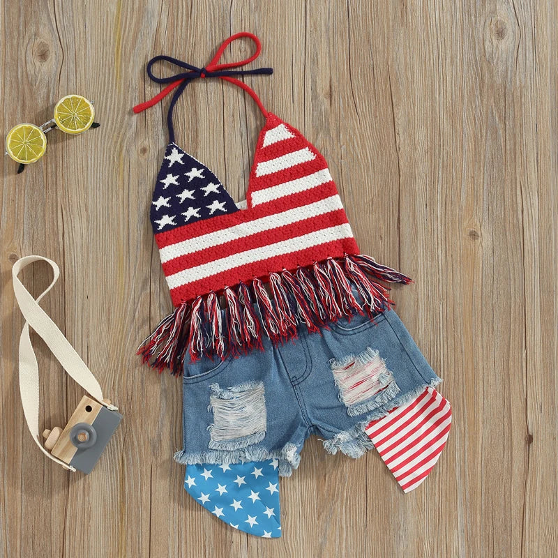 2Pc 2T-6T Toddler Girl Independence Day Summer Set, Knit Vest Top Denim Shorts