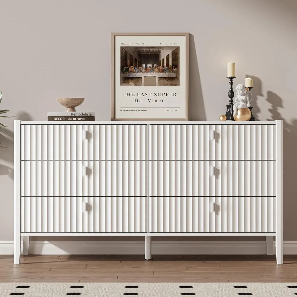 Wood Double, 6-Drawer Dresser with Wooden Legs, TV Stand Storage Unit