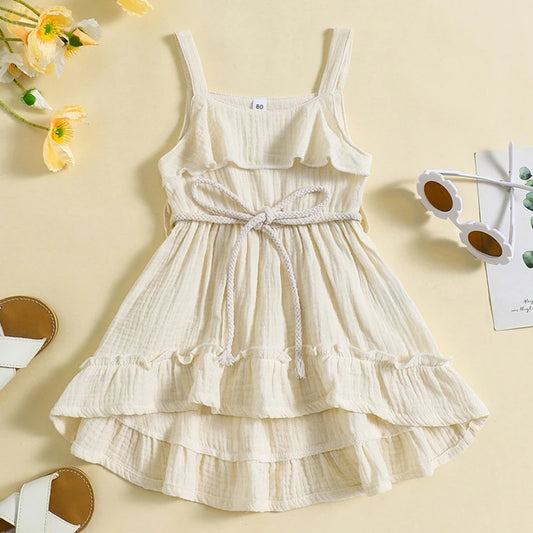 6 MO-4Y Girl Summer Dress, Casual Sleeveless, Square Neck, Belted Dress