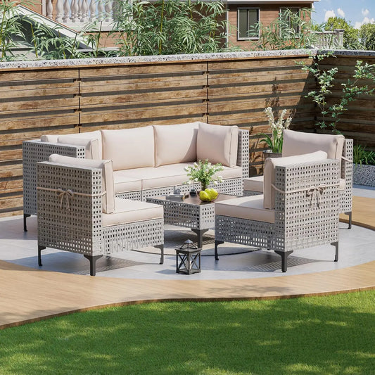 7-Piece Outdoor All-Weather Rattan Sectional Sofa With Thick Cushions
