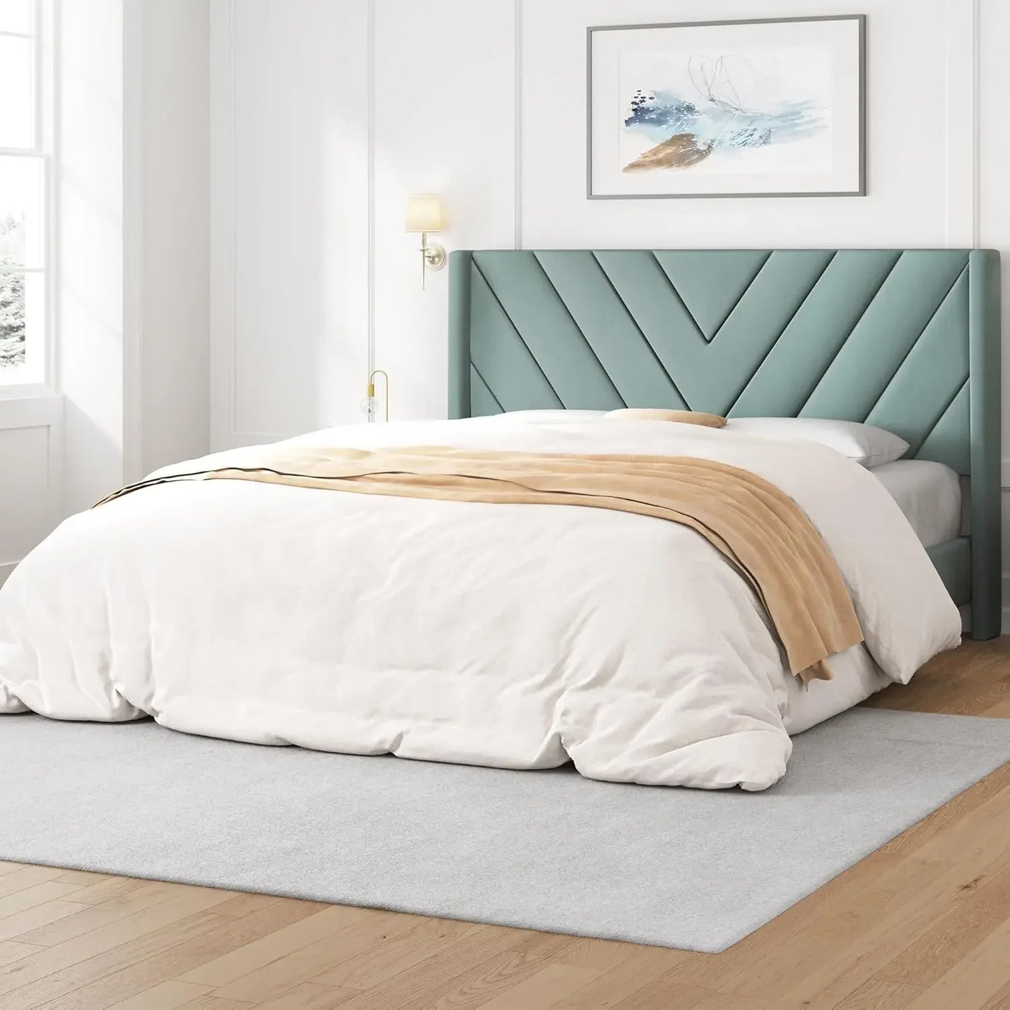 Upholstered Platform Bed with Wing Side/Wooden Slat Support/Tufted Headboard