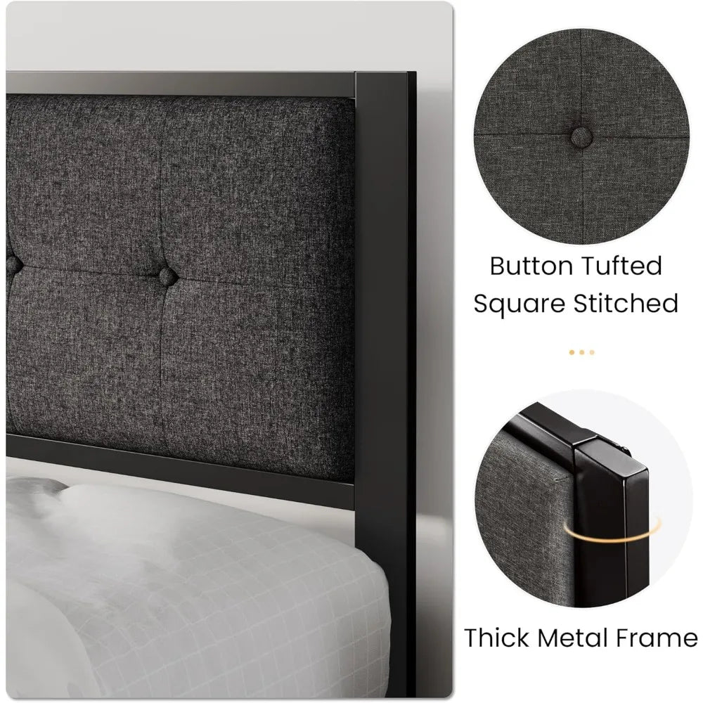 King Size Platform Bed Frame with Upholstered Headboard, Metal Slats Support, Noise Free