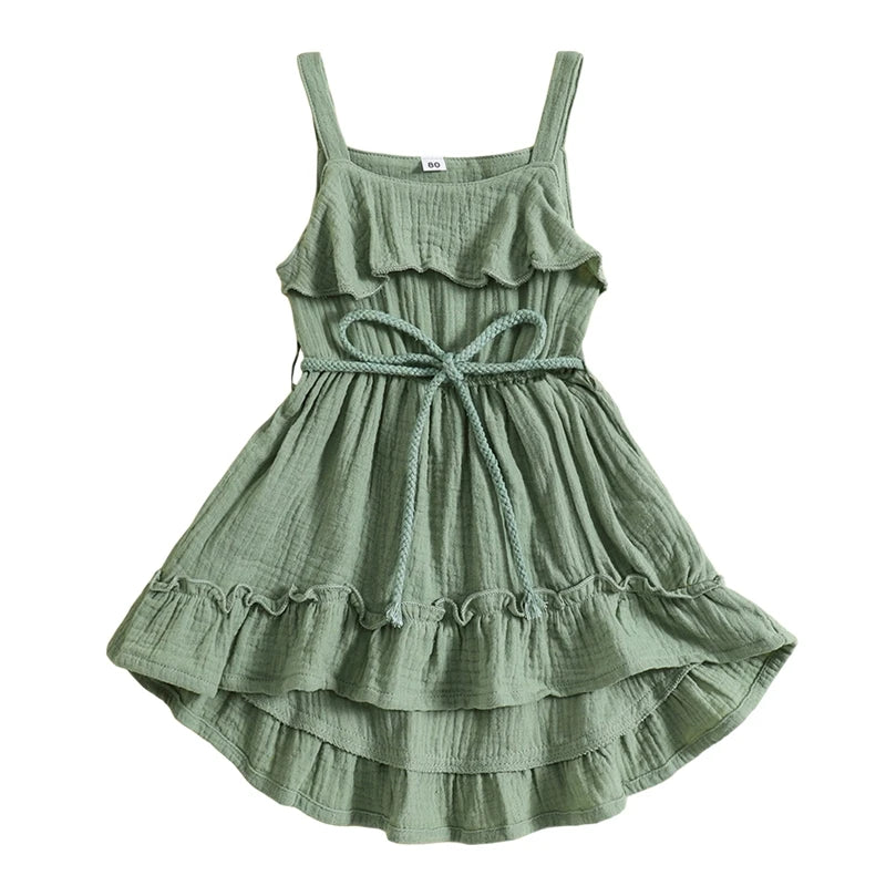 6 MO-4Y Girl Summer Dress, Casual Sleeveless, Square Neck, Belted Dress