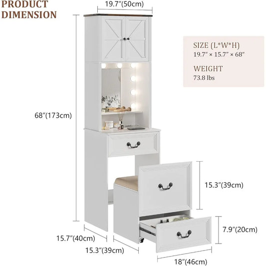 Compact Vanity with Mirror and Lights w/Storage Drawers & Shelves