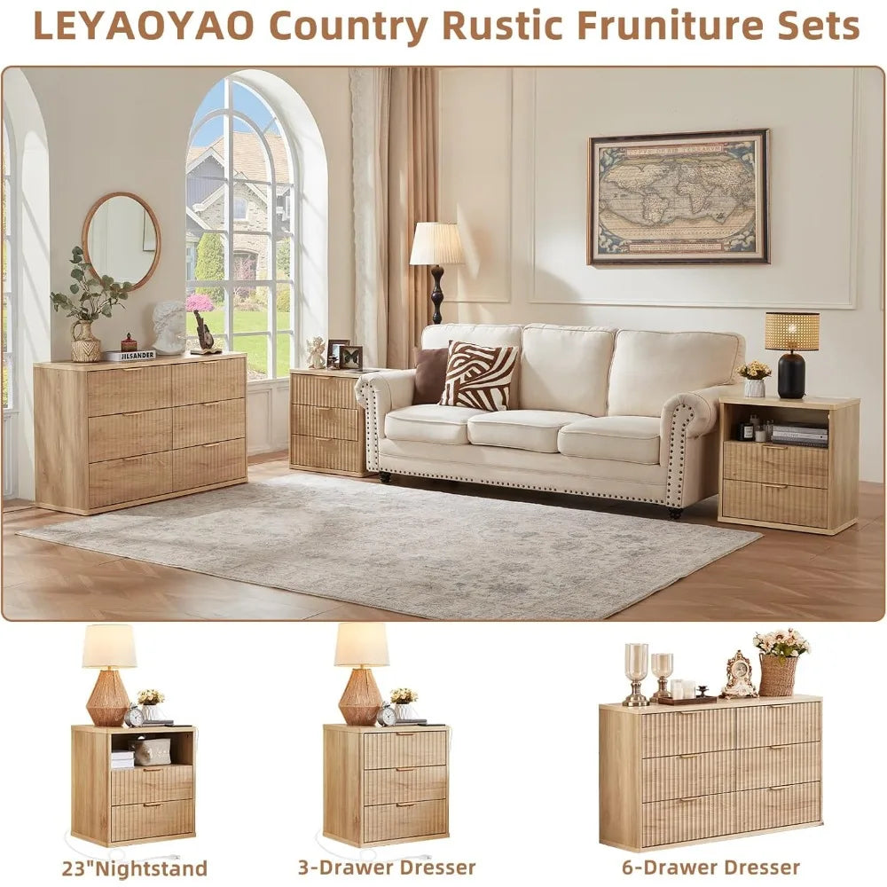 Set of 2, 23" Wide Night Stand with Charging Station, 3 Drawers w/Metal Handle