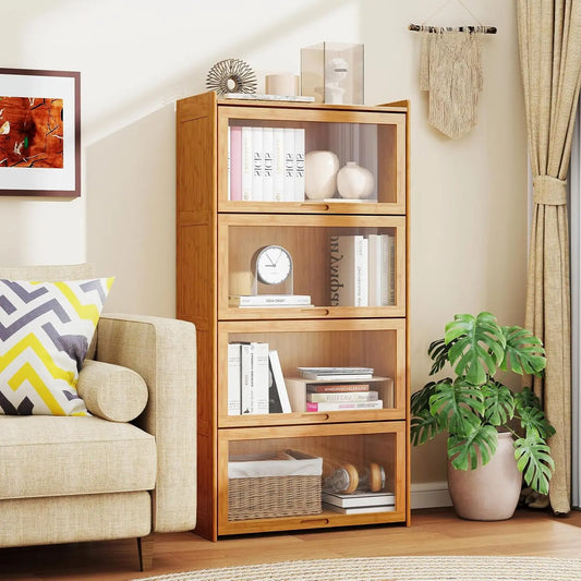 4-Tier 55" Bamboo Bookshelf with Flip-up Acrylic Doors