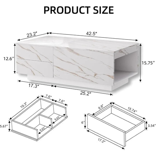 LED Coffee Table, 43" UV High Gloss Table with 2 Drawers & Hidden Storage Compartment & Open Compartments
