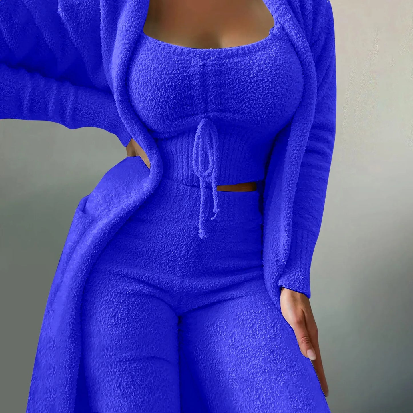 Women'S Fleece 3 Pc Loungewear, Spaghetti Strap Crop Tank, Wide Long Pants, Fuzzy Kimono ,