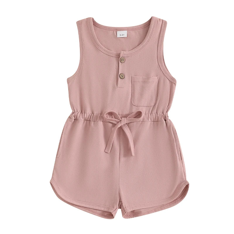 Little Girls Summer Casual Jumpsuit, Sleeveless, Crewneck, Solid Color Drawstring Tank Romper