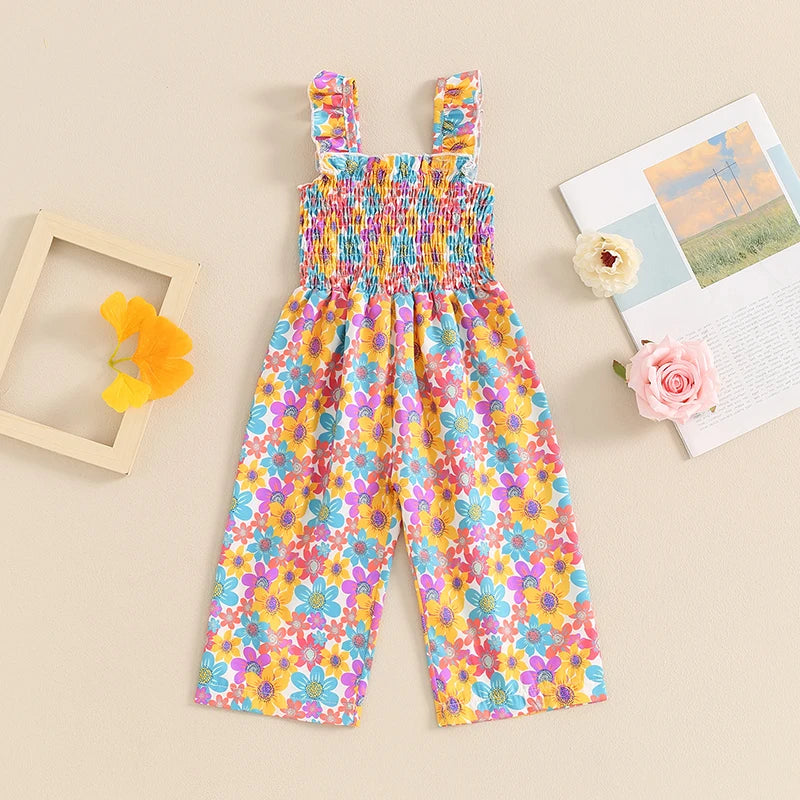 12MO-4T Lovely Baby Girls Summer Jumpsuit, Sleeveless Strap, Floral Print, Wide Leg Pants