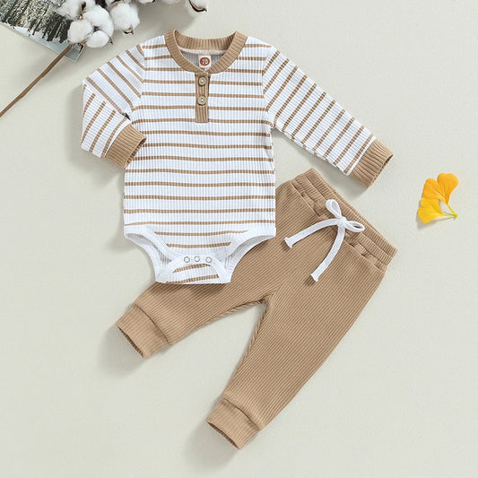 3-24MO Infant Boy Fall Outfits, Long Sleeve Striped Print Romper + Pants