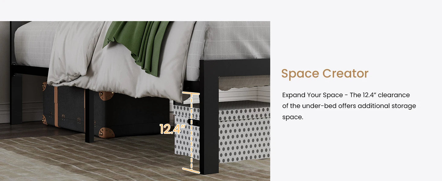 King Size Platform Bed Frame with Upholstered Headboard, Metal Slats Support, Noise Free