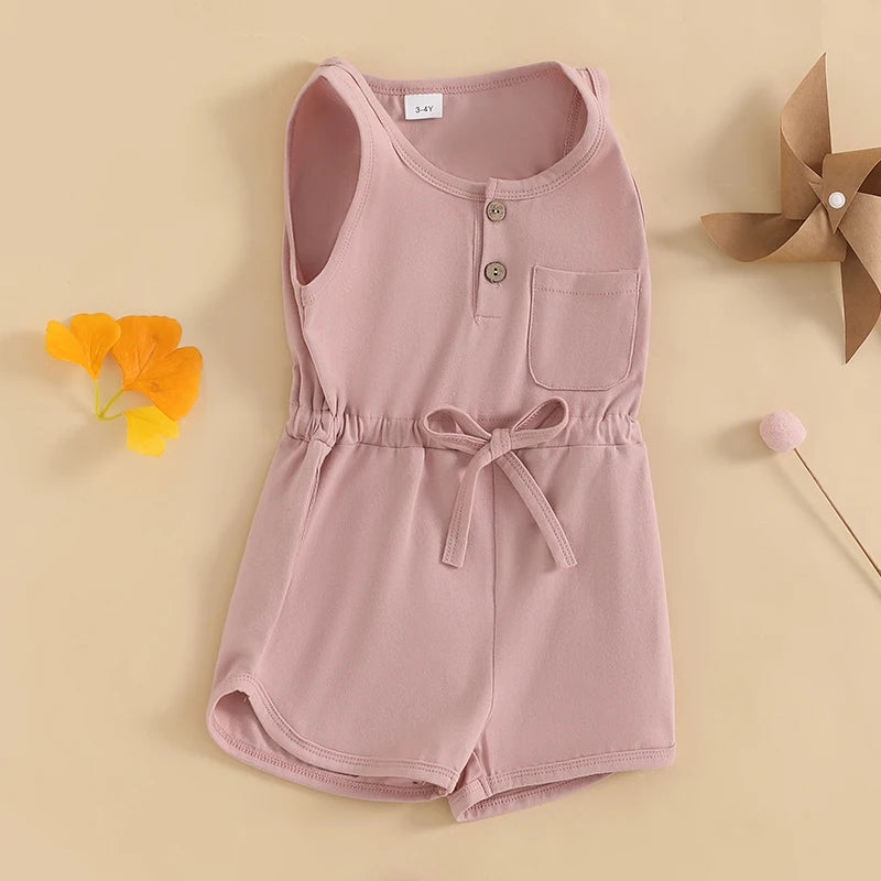 Little Girls Summer Casual Jumpsuit, Sleeveless, Crewneck, Solid Color Drawstring Tank Romper
