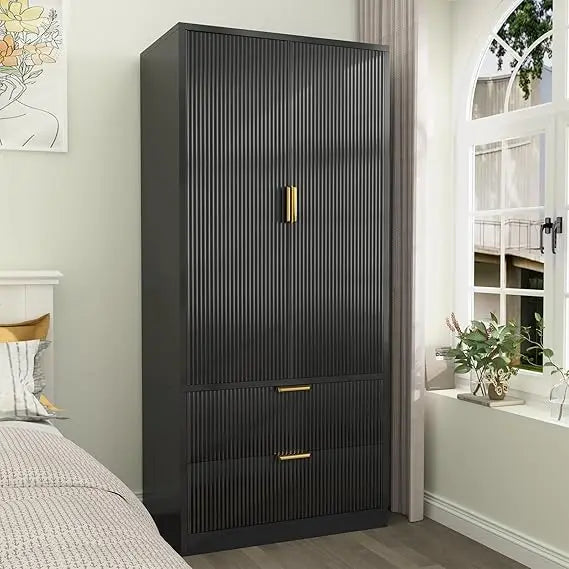 70" Wardrobe Closet with 2 Doors and 2 Drawers, with Hanging Rod