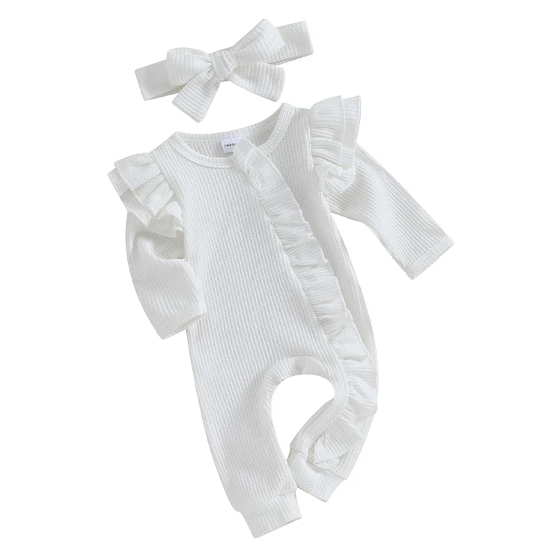 0-12M Baby Girl Ruffle Zipper Romper, Long Sleeve Jumpsuit