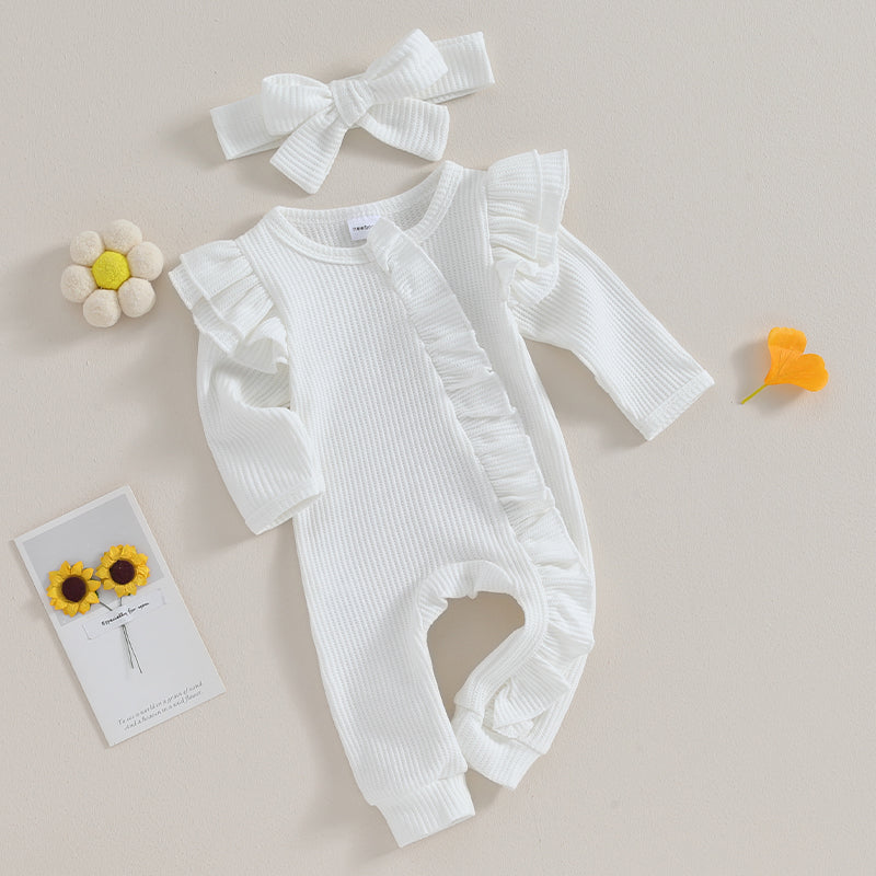 0-12M Baby Girl Ruffle Zipper Romper, Long Sleeve Jumpsuit