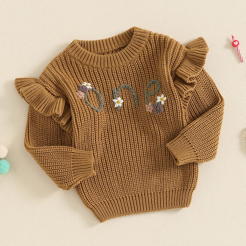 6-18 MO Birthday Sweater, Floral Letter Embroidery, Warm Knitted Pullover