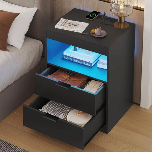 Set of 2 Night Stand with Wireless Charging Station and LED Lights with Pull-Out Shelves