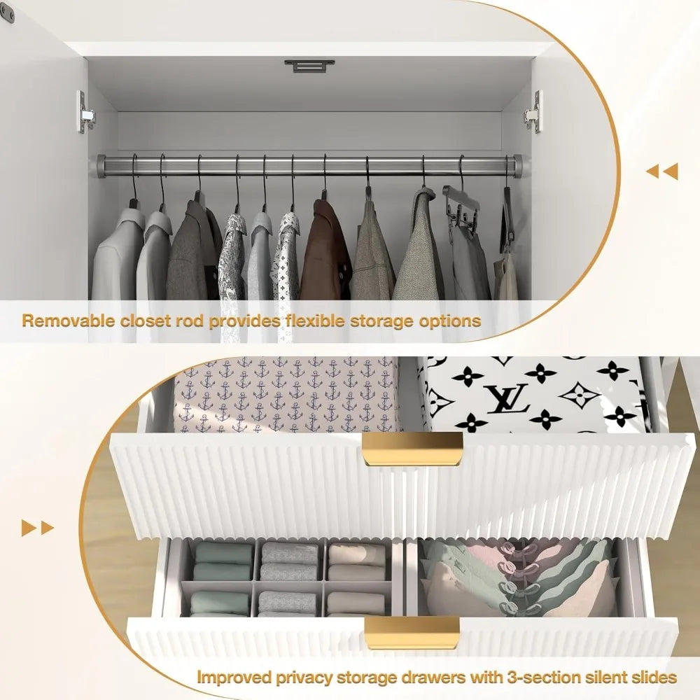70" Wardrobe Closet with 2 Doors and 2 Drawers, with Hanging Rod