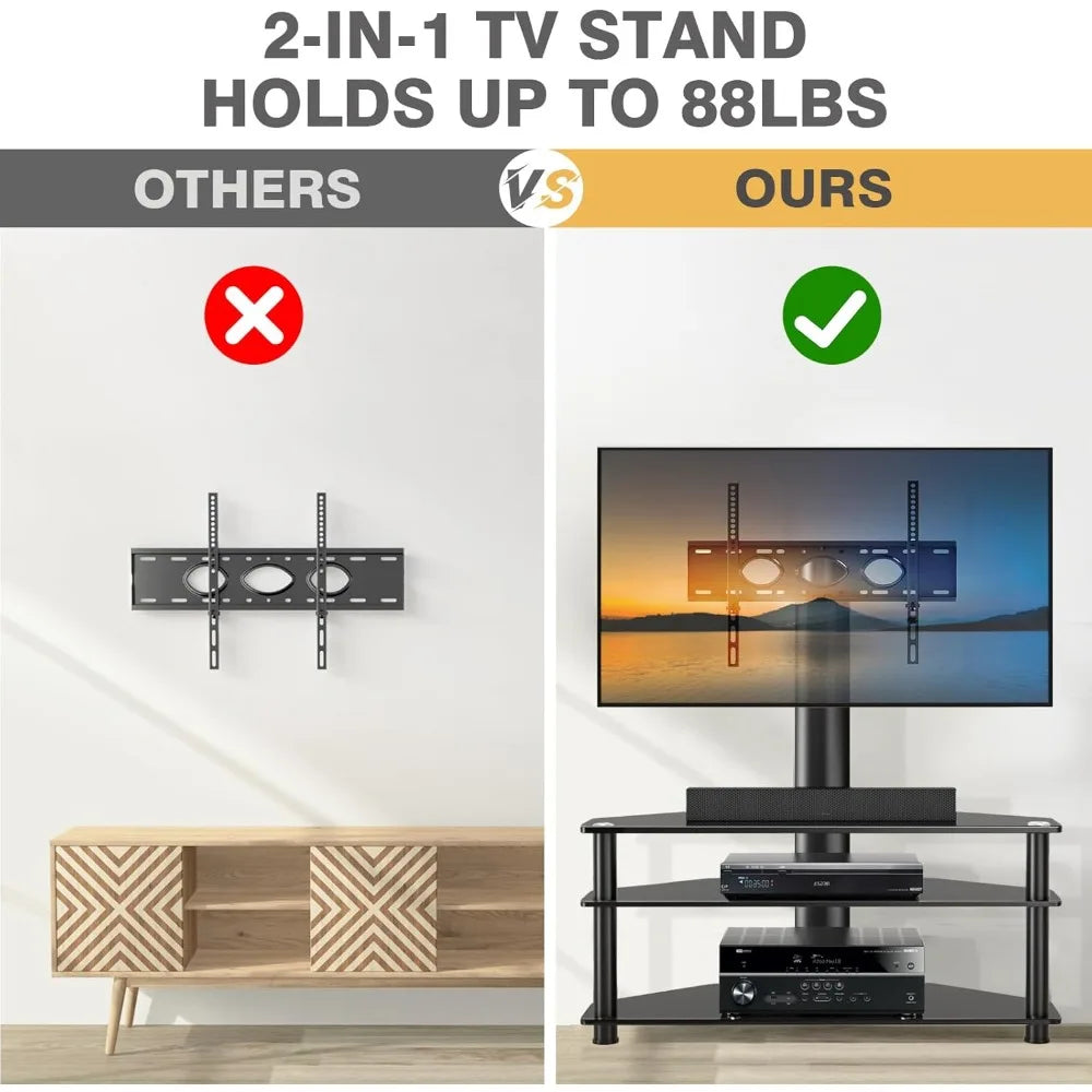 Swivel Floor TV Stand with Table for 32-70 Inch TVs, Universal Height Adjustable Stand with Large Storage Shelves
