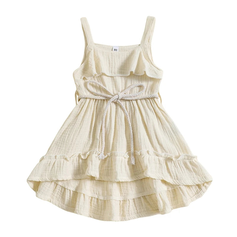 6 MO-4Y Girl Summer Dress, Casual Sleeveless, Square Neck, Belted Dress