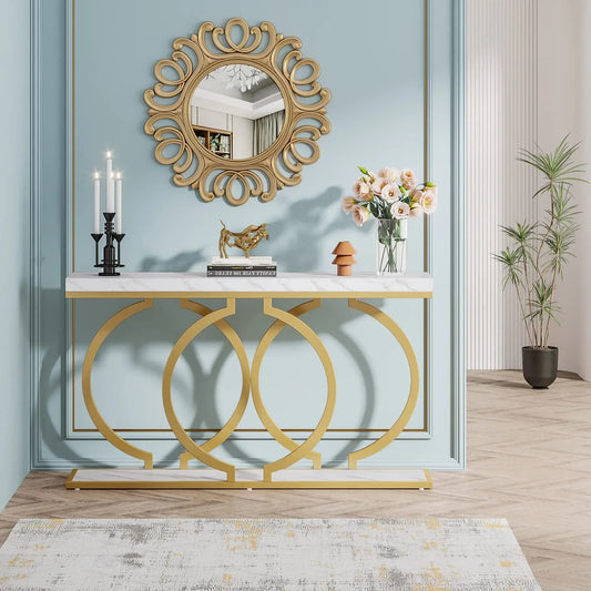 55 inch Gold Console Faux Marble Entryway Table