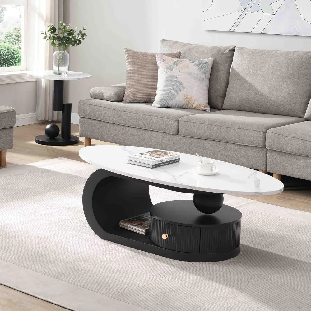 2-Piece Modern Oval Decorative Coffee Center Table with White Faux Marble Top